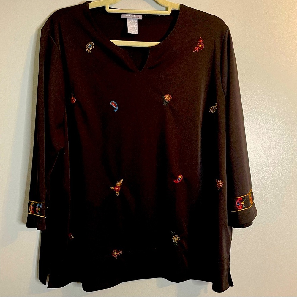 PIERRE CARDIN OPTIONS II Black Embroidered 3/4 Sleeve Pullover Blouse/Tunic S/1X